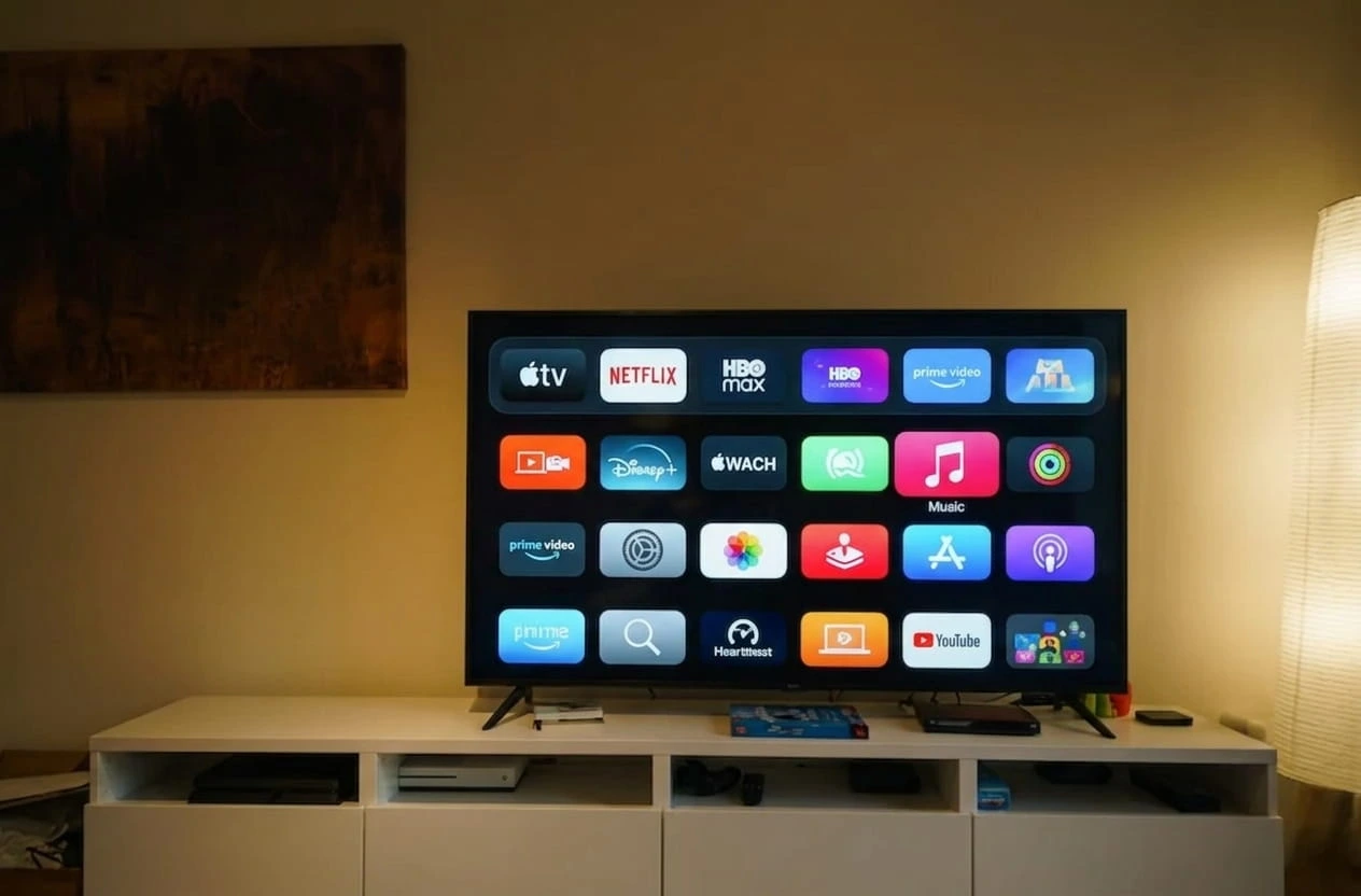Smart TV displaying streaming apps in a modern living room